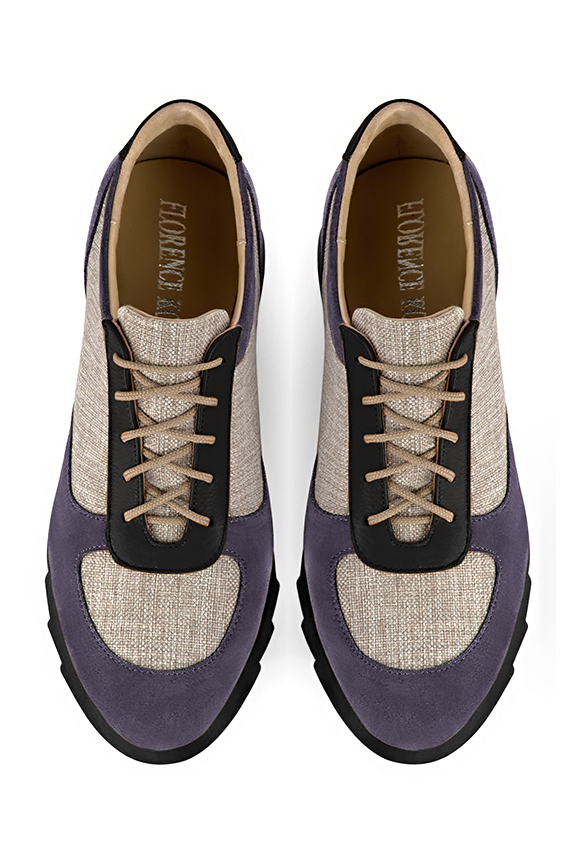 Women's lavender purple and satin black elegant sneakers. Round toe. Thick rubber soles - Top view